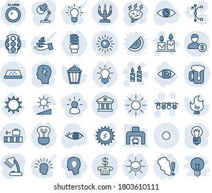 Blue tint and shade editable vector line icon set - sun vector, taxi, baggage, garland, candle, brainstorm, bulb, fire, garden light, eye, traffic, brightness, bank, account, desk lamp, fireplace