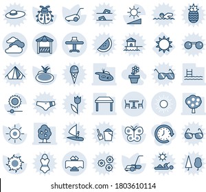 Blue tint and shade editable vector line icon set - cafe vector, sun, clouds, lawn mower, butterfly, lady bug, pond, brightness, pool, fruit tree, table, restaurant, alcove, flower pot, clock around