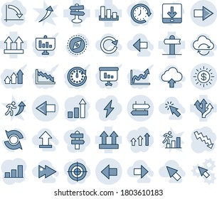 Tinta azul y sombra editable conjunto de iconos de línea vector - vector de señalización, flecha derecha, izquierda, estadística de crecimiento, gráfico de crisis, ruta, signo de lado arriba, clasificación, descarga, brújula, actualización, sol de dólar, barra