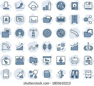 Blue tint and shade editable vector line icon set - antenna vector, bomb in case, satellite, growth statistic, office binder, crisis graph, diagnosis, statistics, folder document, barcode, network