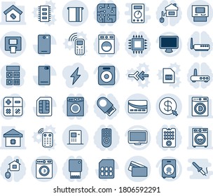 Blue tint and shade editable vector line icon set - washer vector, calculator, monitor, speaker, phone back, sim, atm, money click, smart home, credit card, control, chip, remote, router, usb flash