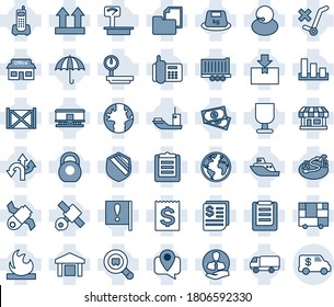 Blue tint and shade editable vector line icon set - route vector, earth, important flag, store, satellite, cash, office phone, support, client, mobile tracking, sea shipping, truck trailer, receipt