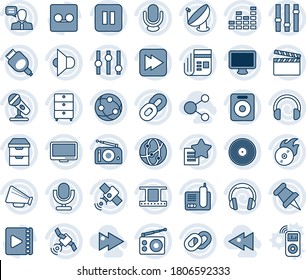 Blue tint and shade editable vector line icon set - satellite antenna vector, clapboard, film frame, vinyl, archive chest, flame disk, microphone, radio, news, speaker, loudspeaker, settings, phone