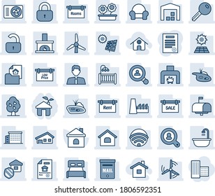 Blue tint and shade editable vector line icon set - house vector, contract, with garage, pond, mailbox, sun panel, windmill, fruit tree, warehouse, estate document, sale, rent, rooms, client search