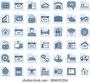 Blue tint and shade editable vector line icon set - office building vector, pond, contract, house with garage, tree, pool, mailbox, fruit, mountains, fence, plan, sale, rent, rooms, sold signboard