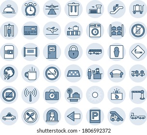 Blue tint and shade editable vector line icon set - runway vector, antenna, fence, taxi, airport bus, parking, barrier, hot cup, spoon and fork, coffee machine, escalator, alarm clock, no mobile