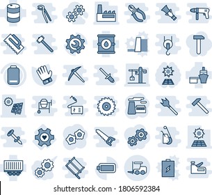 Blue tint and shade editable vector line icon set - fork loader vector, gear, factory, glove, heart, truck trailer, sea port, oil barrel, low battery, root setup, sun panel, crane, gears, work, saw