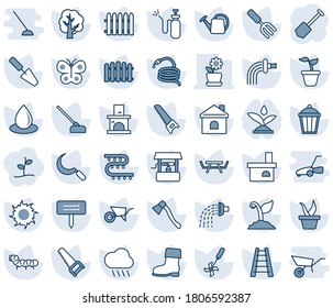 Blue tint and shade editable vector line icon set - job vector, trowel, garden fork, fence, ladder, seedling, tree, watering can, wheelbarrow, sproute, boot, saw, butterfly, house, water drop, sun
