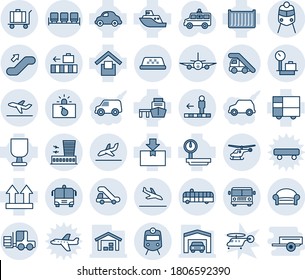 Blue tint and shade editable vector line icon set - arrival vector, airport bus, train, waiting area, ladder car, helicopter, building, taxi, departure, baggage, travolator, escalator up, terrorism