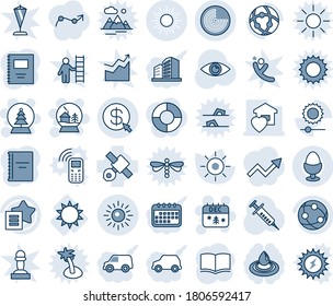 Tinta azul y sombra editable conjunto de iconos de línea vector - vector solar, radar, calendario de navidad, casa de bola de nieve, árbol, libro, jeringa, ojo, satélite, red, lista de favoritos, brillo, clic de dinero, coche