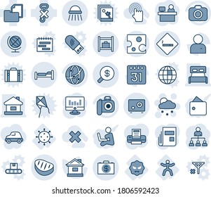 Blue tint and shade editable vector line icon set - bed vector, smoking area sign, globe, shower, baggage room, snowfall, hierarchy, manager place, statistic monitor, house, gymnastics, virus, user