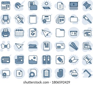 Blue tint and shade editable vector line icon set - bow vector, office binder, document search, pen, notepad, drawing pin, calendar, reload, news, paper, gallery, folder, notes, receipt, clipboard
