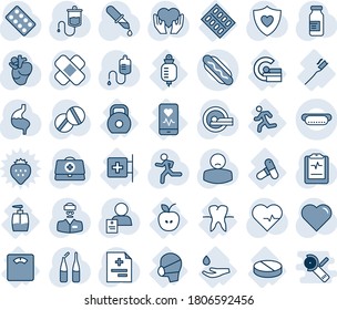 Blue tint and shade editable vector line icon set - heart vector, pulse, doctor case, diagnosis, dropper, pills, blister, ampoule, patch, tomography, run, shield, hand, stomach, real, clipboard, mri
