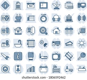 Blue tint and shade editable vector line icon set - tv vector, house, office phone, with garage, plan, rent, building, estate search, key, children room, bathroom, cushioned furniture, city, home