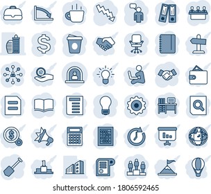 Blue tint and shade editable vector line icon set - reception vector, handshake, speaking man, gear, hierarchy, office chair, dollar sign, book, pedestal, binder, document search, abacus, desk, bulb