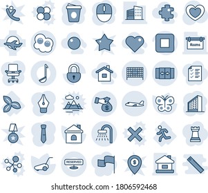 Blue tint and shade editable vector line icon set - automatic door vector, shower, plane, fenced area, office building, mouse, coffee, lawn mower, butterfly, house, heart, three leafs, run, lock