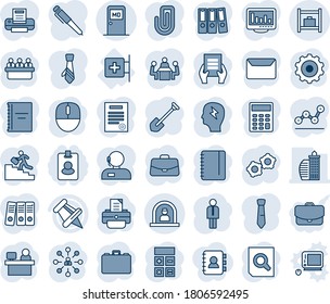 Blue tint and shade editable vector line icon set - reception vector, medical room, baggage, manager, gear, hierarchy, case, calculator, document search, mouse, notepad, brainstorm, meeting, place