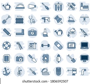 Blue tint and shade editable vector line icon set - security gate vector, camera, notebook pc, job, trowel, shovel, watering can, hose, patch, barbell, stethoscope, drop counter, treadmill, monitor
