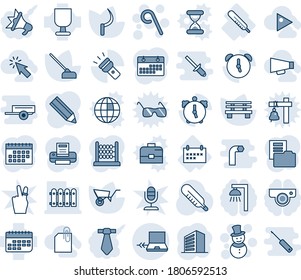 Blue tint and shade editable vector line icon set - notebook connect vector, snowman, lollipop, office building, wheelbarrow, hoe, sickle, bench, thermometer, schedule, term, fragile, alarm, torch