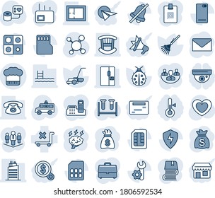 Juego de iconos de línea de vector editable de tonos azules y sombras - vector de correo, bolsa de dinero, tormentas de ideas, rastrillo, cortadora de césped, chicha de señora, corazón, molécula, presión sanguínea, vial de prueba, vehículo de ambulancia, sin carro, respaldo del teléfono