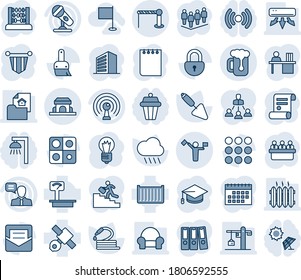 Blue tint and shade editable vector line icon set - dispatcher vector, barrier, office building, pennant, team, graduate, abacus, notepad, meeting, bulb, contract, trowel, rain, hose, satellite