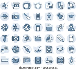 Blue tint and shade editable vector line icon set - airport tower vector, tv, disabled, camera, luggage storage, handshake, identity card, pennant, graduate, trowel, ladder, lawn mower, butterfly
