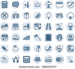 Blue tint and shade editable vector line icon set - arrival vector, spoon and fork, loader, baggage, phone alarm, duty free, wine, abacus, notebook pc, ladder, tree, sproute, axe, bench, bird house