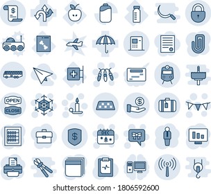 Blue tint and shade editable vector line icon set - antenna vector, taxi, airport bus, train, lock, suitcase, garland, snowflake, candle, christmas calendar, bow message, flag, manager, printer, atm