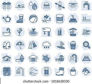 Blue tint and shade editable vector line icon set - shower vector, insurance, watering can, bucket, boot, well, pond, bacteria, sea port, warehouse, pool, water supply, bathroom, drink, heater, palm