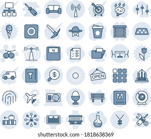 Blue tint and shade editable vector line icon set - taxi vector, sun, antenna, baggage, cafe, vip waiting area, rowanberry, hierarchy, coffee, brainstorm, bench, scales, railroad, barcode, menu, yen