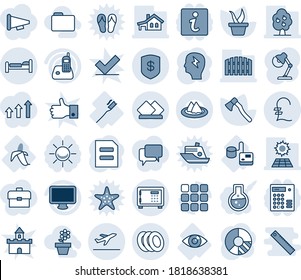 Blue tint and shade editable vector line icon set - departure vector, bed, safe, document, brainstorm, circle chart, seedling, axe, tonometer, eye, tooth brush, banana, monitor, radio phone, menu