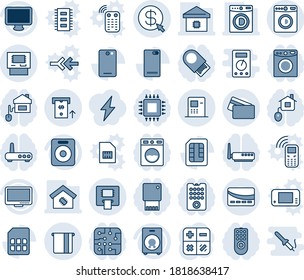 Blue tint and shade editable vector line icon set - washer vector, calculator, monitor, speaker, phone back, sim, atm, money click, smart home, credit card, control, chip, remote, router, usb flash