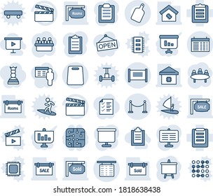 Blue tint and shade editable vector line icon set - fence vector, flight table, schedule, presentation board, meeting, clipboard, clapboard, sale, rooms, sold signboard, smart home, cutting, chip