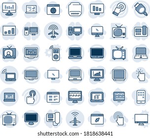 Blue tint and shade editable vector line icon set - plane radar vector, wireless notebook, pc, statistic monitor, pulse, diagnostic, tv, touch screen, laptop, hdmi, account statistics, hand, cursor