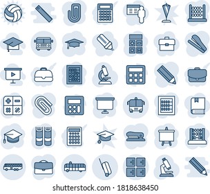 Blue tint and shade editable vector line icon set - airport bus vector, checkroom, suitcase, book, calculator, graduate, abacus, presentation board, microscope, case, paper clip, pencil, stapler