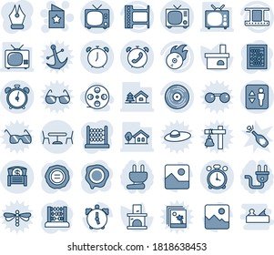 Blue tint and shade editable vector line icon set - elevator vector, alarm clock, tv, cafe, phone, star postcard, abacus, stamp, fireplace, film frame, vinyl, flame disk, gallery, money chest, coil