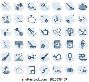 Blue tint and shade editable vector line icon set - job vector, garden fork, shovel, farm, rake, watering can, wheelbarrow, sproute, hoe, sickle, plant label, pumpkin, greenhouse, seeds, fertilizer