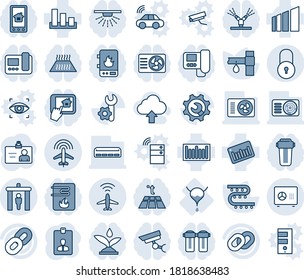 Blue tint and shade editable vector line icon set - plane radar vector, security gate, safe, lock, identity card, drip irrigation, bladder, sorting, barcode, chain, root setup, air conditioner, car