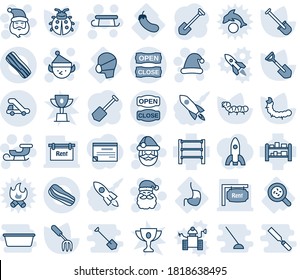 Blue tint and shade editable vector line icon set - trap truck vector, santa claus, christmas hat, sleigh, elf, job, garden fork, shovel, lady bug, caterpillar, bacteria, stomach, medical mask, rack