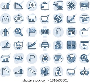 Blue tint and shade editable vector line icon set - shop vector, checkroom, duty free, money bag, crisis graph, store, pound, ruble, monero, search, monitor statistics, pie, hr, target, consumer