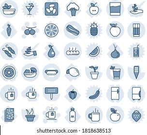 Blue tint and shade editable vector line icon set - hot cup vector, tea, rowanberry, seedling, plant label, apple, lemon, carrot, slice, sweet pepper, pear, onion, broccoli, milk, breads, drink, dog