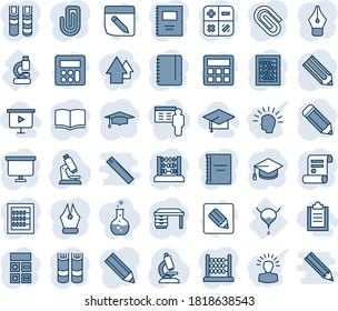 Blue tint and shade editable vector line icon set - book vector, calculator, graduate, abacus, desk, notepad, presentation board, pencil, contract, microscope, lab, bladder, notes, copybook, ink pen