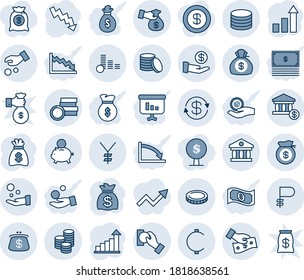 Blue tint and shade editable vector line icon set - growth statistic vector, money bag, crisis graph, yen, ruble, cent, coin, dollar exchange, bank, account, piggy, investment, cash pay, encashment