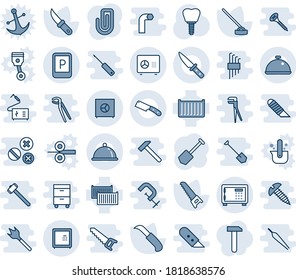 Blue tint and shade editable vector line icon set - safe vector, parking sign, job, saw, hoe, garden knife, implant, cargo container, paper clip, dish, work, anchor, piston, casting of steel, hammer