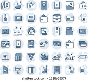 Blue tint and shade editable vector line icon set - identity vector, christmas sock, landscape, sleigh, wreath, star postcard, sale, card, medical calendar, gallery, sd, sim, mobile payment, credit