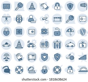 Blue tint and shade editable vector line icon set - security gate vector, alarm car, border cone, safe, lock, plane radar, barrier, insurance, safety, terrorism, road, side wind, glove, hose, key