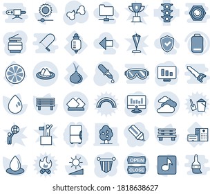 Blue tint and shade editable vector line icon set - clouds vector, pennant, statistic monitor, water drop, bench, dropper, broken bone, hospital building, counter, lemon slice, onion, traffic light