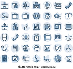 Tinta azul y sombra editable conjunto de iconos de línea vector - vector de reloj despertador, teléfono, tv, abacus, bolsa de dinero, bueno, hoz, marco de película, vinilo, cámara de vídeo, micrófono, llamada, casquillo, historial de cuentas