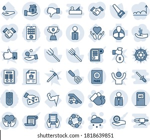 Blue tint and shade editable vector line icon set - passport vector, ladder car, medical room, snowfall, gloves, document, garden fork, farm, saw, heart hand, power, care, drop, client, investment