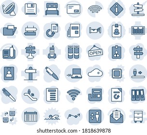 Blue tint and shade editable vector line icon set - satellite antenna vector, elevator, escalator, signpost, notebook connect, hotel, schedule, identity card, book, pen, document, reload, barcode